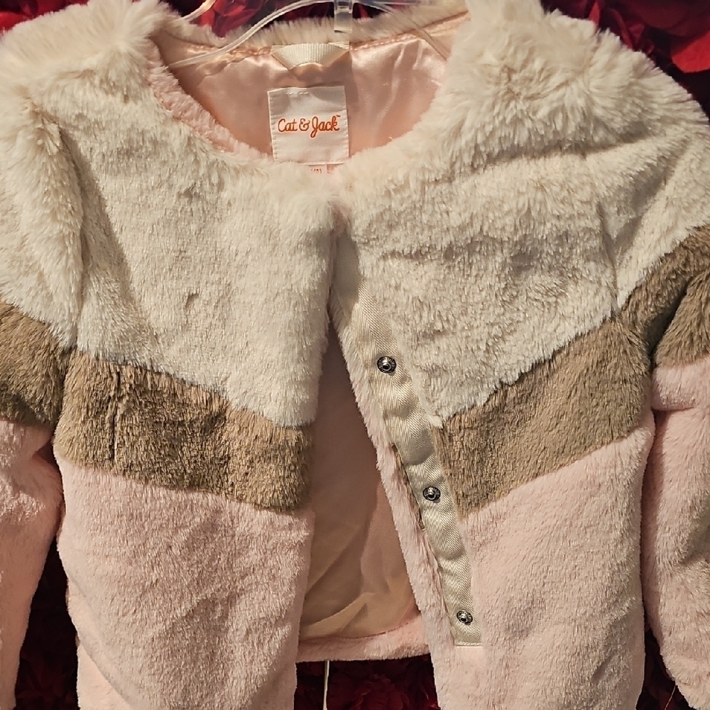 Cat & Jack Pink and Tan Furry Outerwear Jacket Size XSmall 4/5